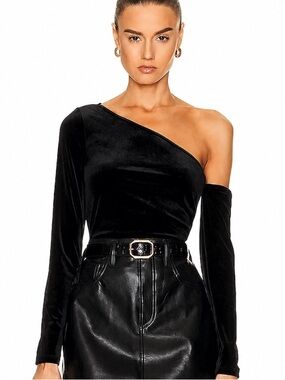 L'AGENCE Hattie Velvet Long Sleeve Off Shoulder Ruched Top Size Large Black
